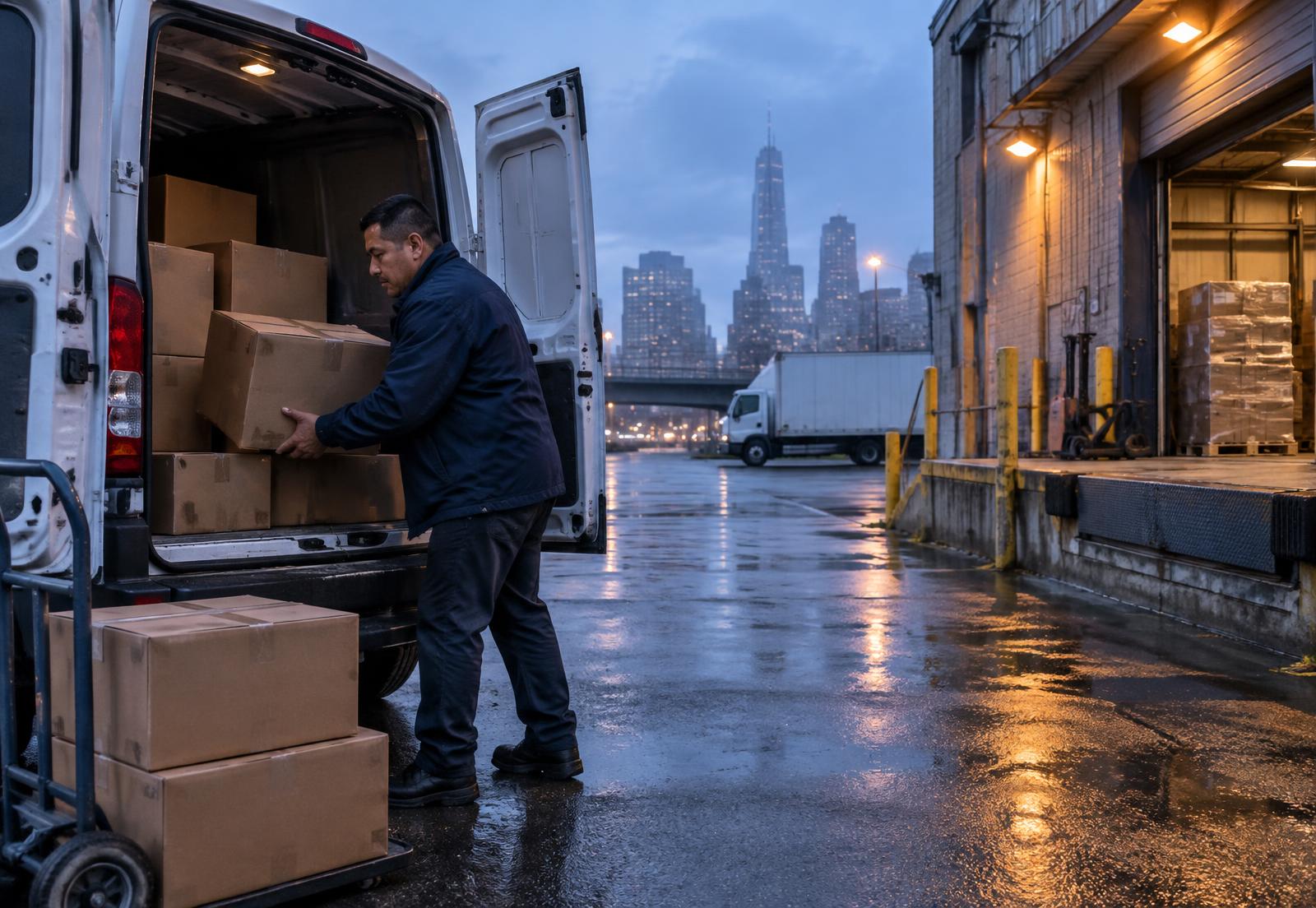 Conductor cargando cajas etiquetadas en una van de carga al amanecer
